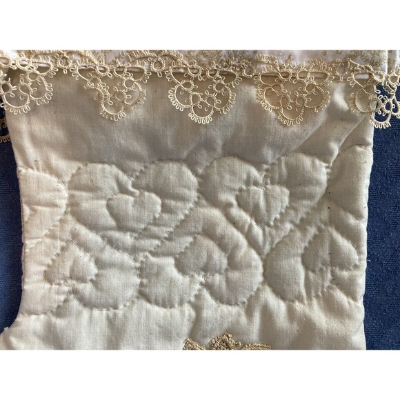 Vintage CHRISTMAS STOCKING Ivory Lace Quilted Heart With Embellishments Button - Picture 5 of 8